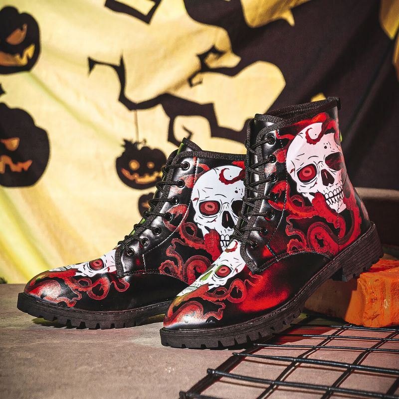 Herre Skinn Halloween Myk Såle Rund Tå Plattform Skull Printing Comfy Casual Boots