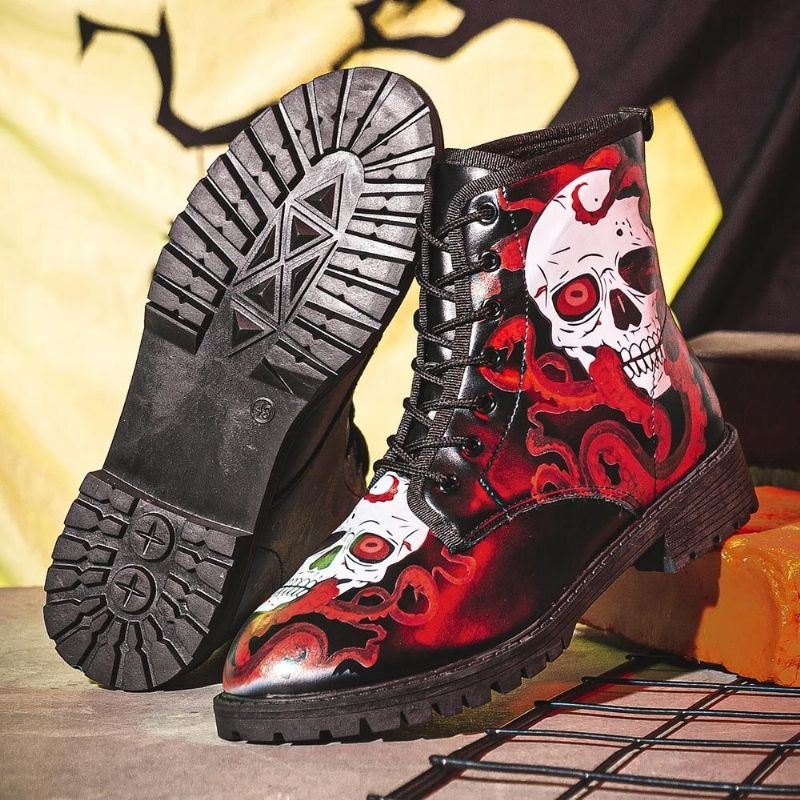 Herre Skinn Halloween Myk Såle Rund Tå Plattform Skull Printing Comfy Casual Boots