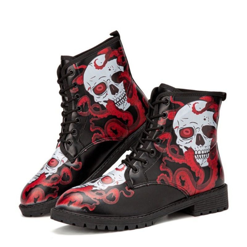 Herre Skinn Halloween Myk Såle Rund Tå Plattform Skull Printing Comfy Casual Boots