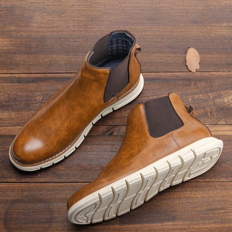 Herre Skinn Myk Såle Rund Toe Slip On Trendy Chelsea Casual Boots