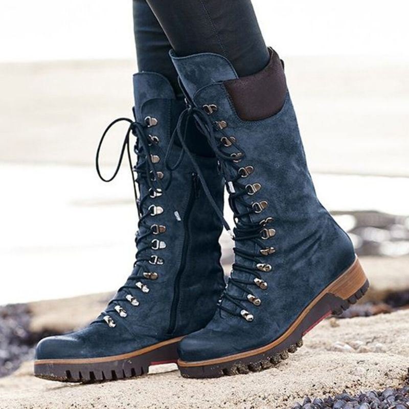 Plus Size Dame Bærbare Semsket Side Glidelås Mid Calf Combat Boots