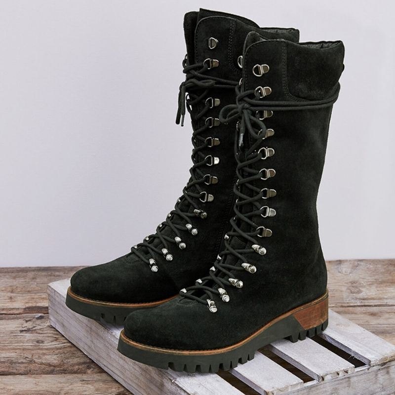 Plus Size Dame Bærbare Semsket Side Glidelås Mid Calf Combat Boots