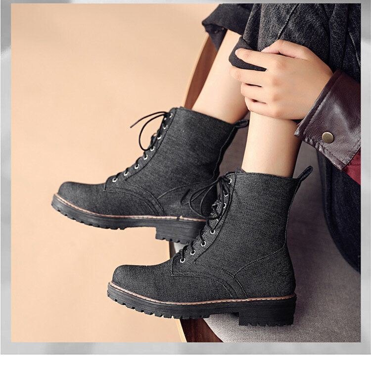 Plus Size Dame Casual Canvas Stoff Snøring Kort Boots