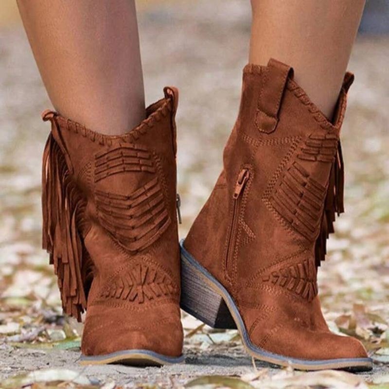 Plus Size Dame Dusk Side Glidelås Chunky Heel Cowboystøvler På Midten Av Leggen