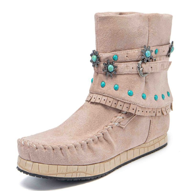 Plus Size Dame Etnisk Rhinestone Tassel Flat Moccasin Short Boots