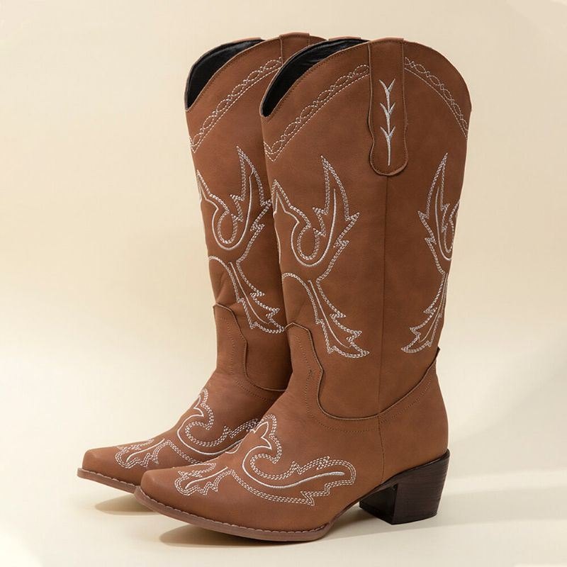 Plus Size Dame Retro Brodert Chunky Heel Mid Calf Cowboy Boots