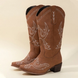 Plus Size Dame Retro Brodert Chunky Heel Mid Calf Cowboy Boots