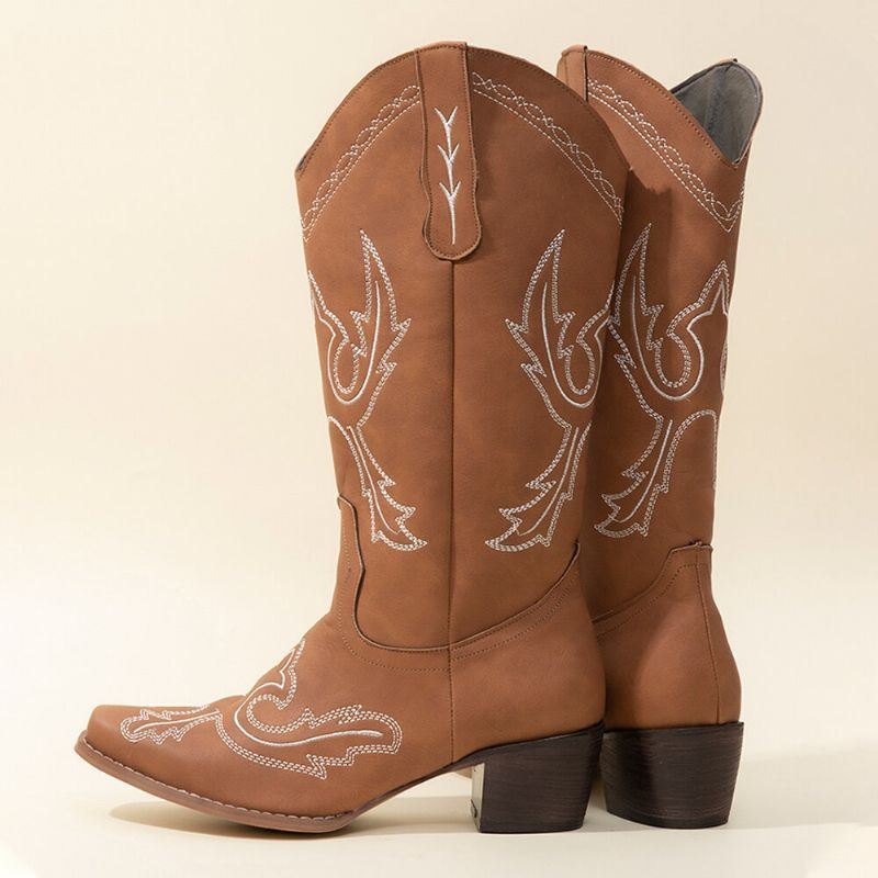 Plus Size Dame Retro Brodert Chunky Heel Mid Calf Cowboy Boots