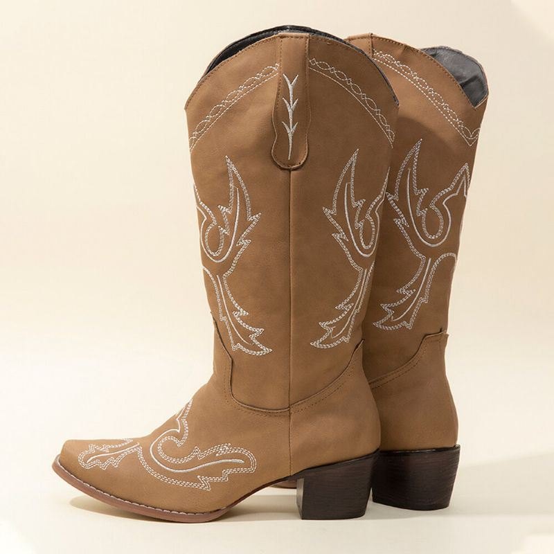 Plus Size Dame Retro Brodert Chunky Heel Mid Calf Cowboy Boots