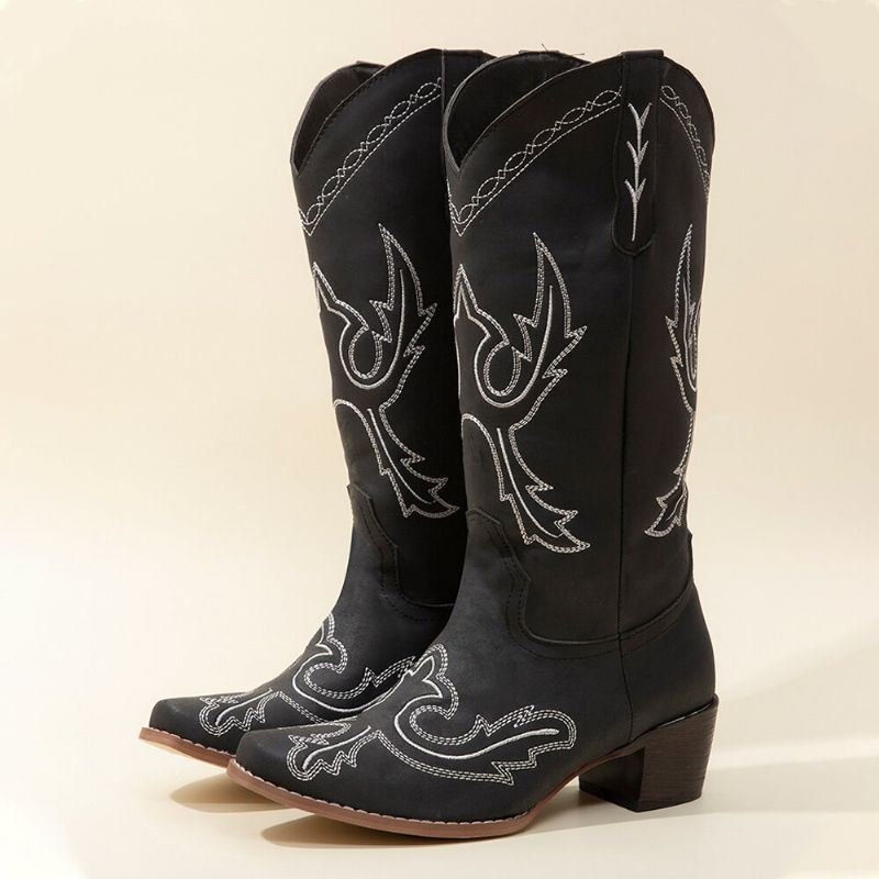 Plus Size Dame Retro Brodert Chunky Heel Mid Calf Cowboy Boots