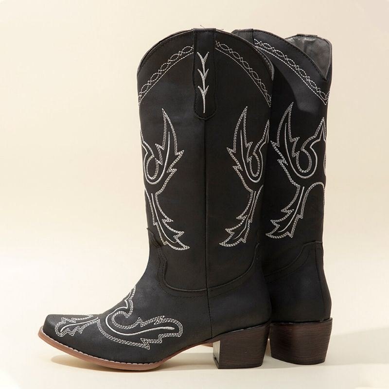 Plus Size Dame Retro Brodert Chunky Heel Mid Calf Cowboy Boots