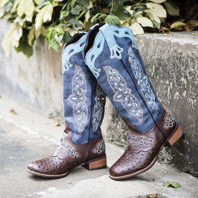 Plus Size Dame Retro Floral Brodert Mid Calf Cowboy Boots