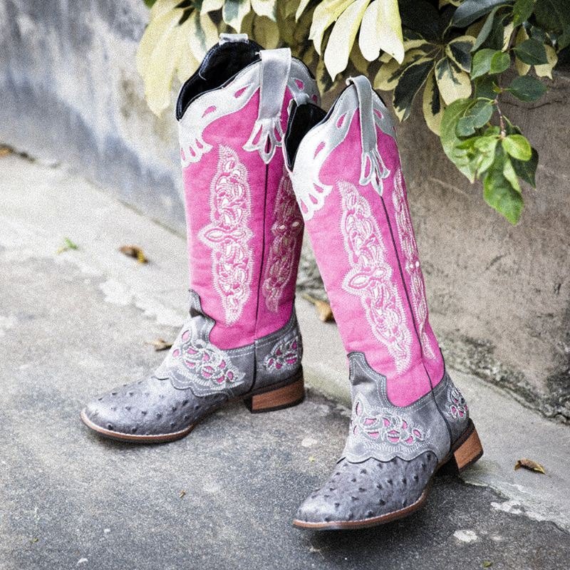 Plus Size Dame Retro Floral Brodert Mid Calf Cowboy Boots