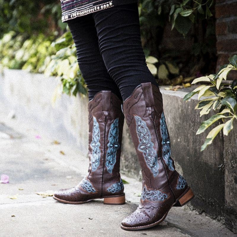 Plus Size Dame Retro Floral Brodert Mid Calf Cowboy Boots