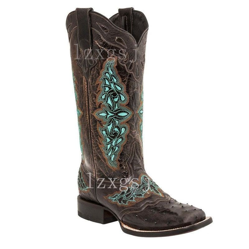 Plus Size Dame Retro Floral Brodert Mid Calf Cowboy Boots