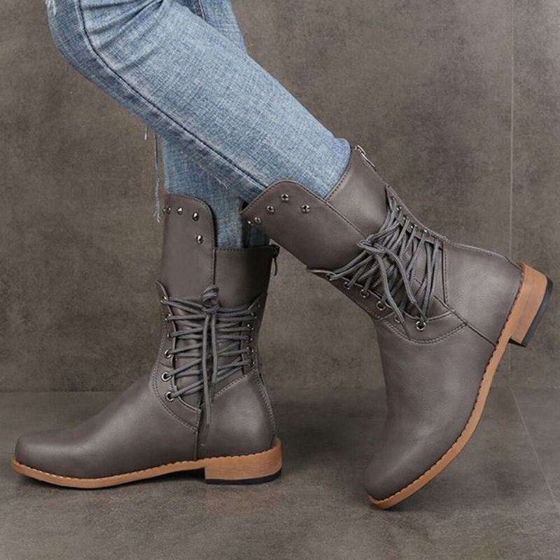 Plus Size Dame Retro Rivet Cross Strap Tilbake Glidelås Mid Calf Boots