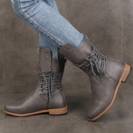 Plus Size Dame Retro Rivet Cross Strap Tilbake Glidelås Mid Calf Boots