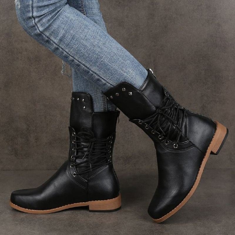 Plus Size Dame Retro Rivet Cross Strap Tilbake Glidelås Mid Calf Boots