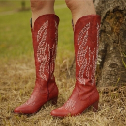 Plus Size Dame Retro Rød Spiss Tå Brodert Chunky Heel Glidelås Cowboy Boots