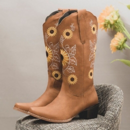 Plus Size Dame Retro Solsikke Brodert Chunky Heel Mid Calf Cowboy Boots