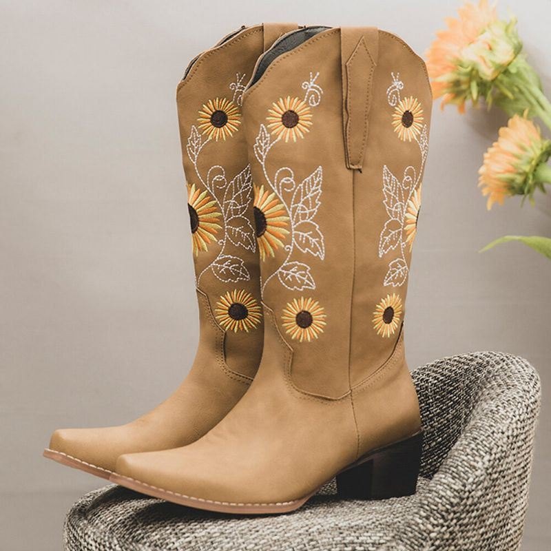 Plus Size Dame Retro Solsikke Brodert Chunky Heel Mid Calf Cowboy Boots