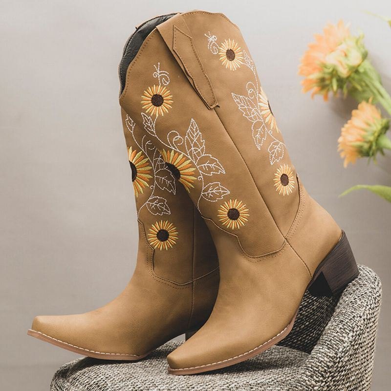 Plus Size Dame Retro Solsikke Brodert Chunky Heel Mid Calf Cowboy Boots