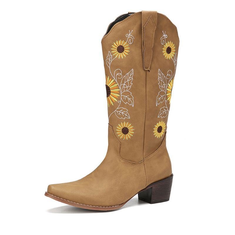 Plus Size Dame Retro Solsikke Brodert Chunky Heel Mid Calf Cowboy Boots