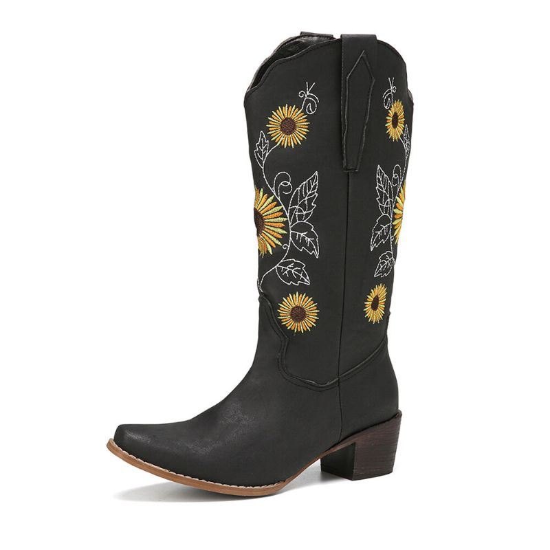 Plus Size Dame Retro Solsikke Brodert Chunky Heel Mid Calf Cowboy Boots