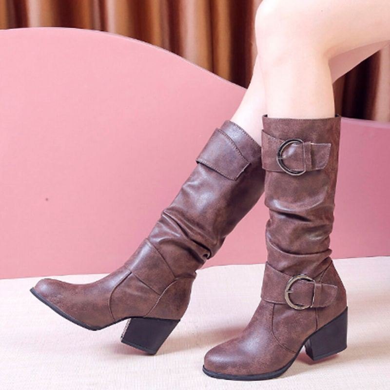 Plus Size Dame Varmt Fôr Spenne Slip On Chunky Heel Mid Calf Boots