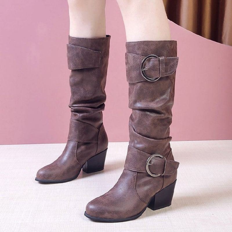 Plus Size Dame Varmt Fôr Spenne Slip On Chunky Heel Mid Calf Boots