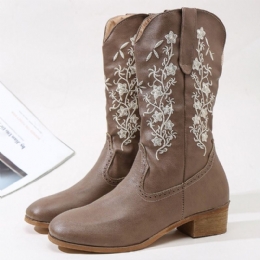 Retro Flowers Firkantet Toe Slip On Mid-calf Block Heel Cowboy Boots For Dame