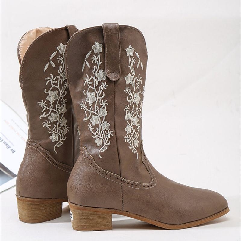 Retro Flowers Firkantet Toe Slip On Mid-calf Block Heel Cowboy Boots For Dame