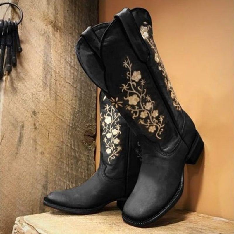 Retro Flowers Firkantet Toe Slip On Mid-calf Block Heel Cowboy Boots For Dame