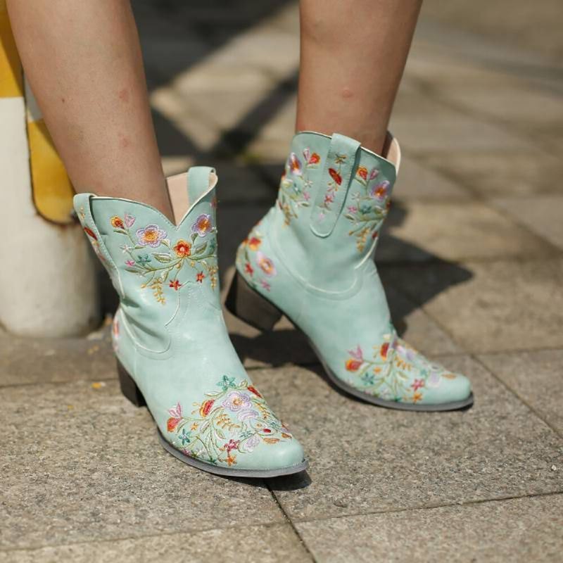 Stor Størrelse Dame Retro Brodert Spiss Tå Chunky Heel Slip On Cowboystøvler