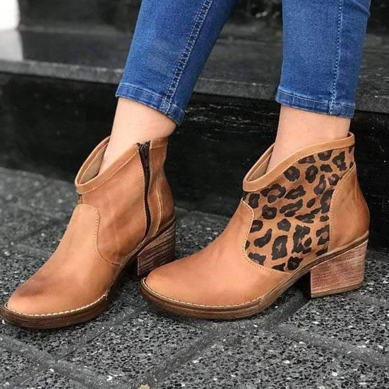 Uformell Skjøting Leopard Sideglidelås Chunky Heel Cowboy Ankelstøvler For Kvinner