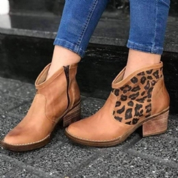 Uformell Skjøting Leopard Sideglidelås Chunky Heel Cowboy Ankelstøvler For Kvinner