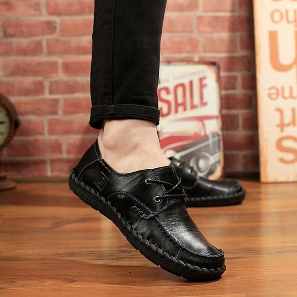 Herre Casual Leather Outdoor Komfortable Flat Lace Up Rund Toe Oxfords Sko