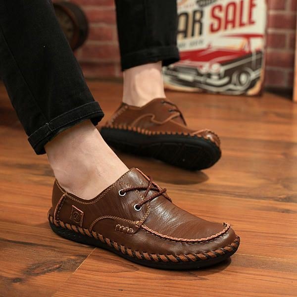 Herre Casual Leather Outdoor Komfortable Flat Lace Up Rund Toe Oxfords Sko