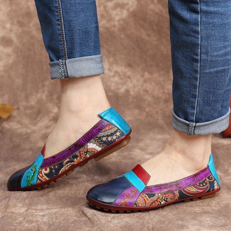 Bohemisk Mykt Skinn Blomsterskjøting Komfortabelt Uformelt Slip-on Loafers Flate Sko