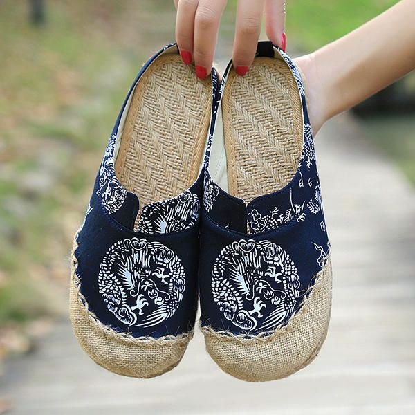 Dame Casual Cotton Lin Outdoor Komfortable Rund Toe Flat Loafer Sko