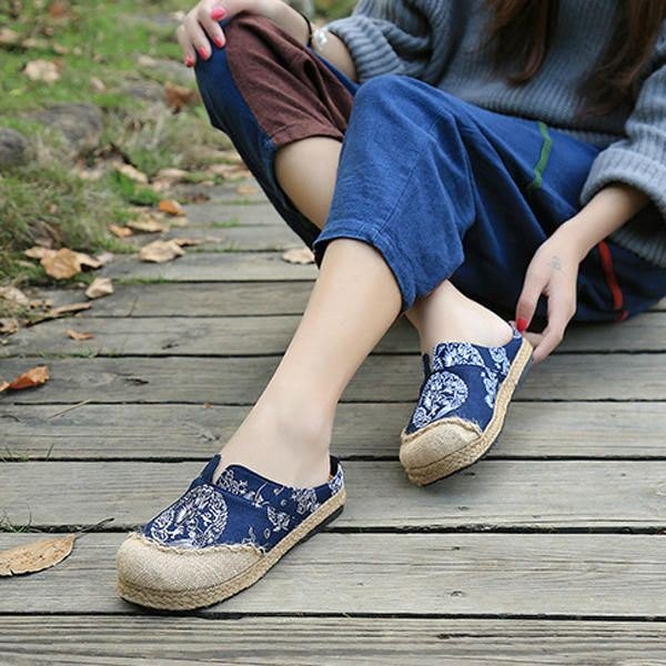 Dame Casual Cotton Lin Outdoor Komfortable Rund Toe Flat Loafer Sko