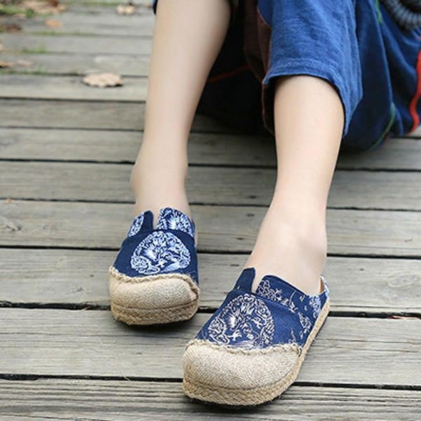 Dame Casual Cotton Lin Outdoor Komfortable Rund Toe Flat Loafer Sko