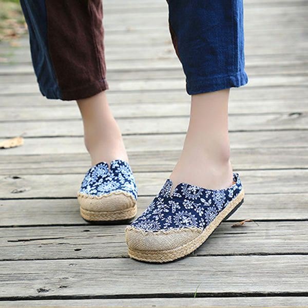 Dame Casual Cotton Lin Outdoor Komfortable Rund Toe Flat Loafer Sko