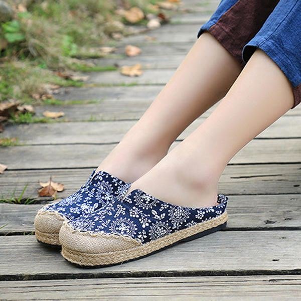 Dame Casual Cotton Lin Outdoor Komfortable Rund Toe Flat Loafer Sko