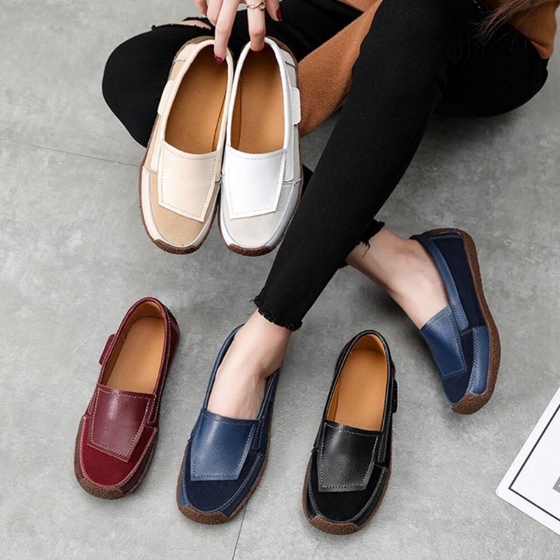 Dame Comfy Leather Splicing Myk Slip On Flat Loafers