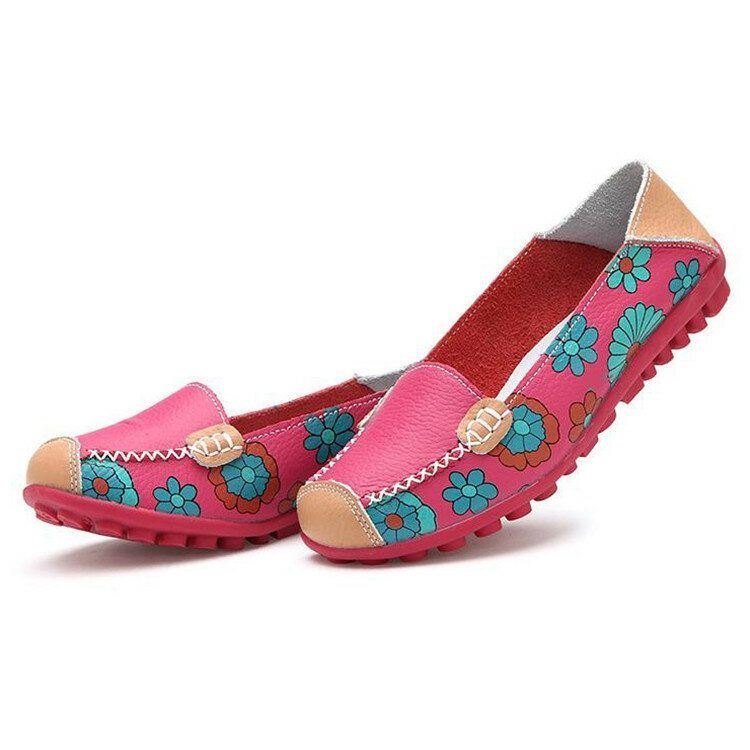 Dame Ekte Skinn Blomstermønster Myk Såle Slip On Casual Flats