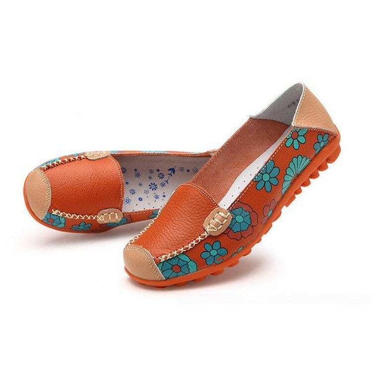 Dame Ekte Skinn Blomstermønster Myk Såle Slip On Casual Flats