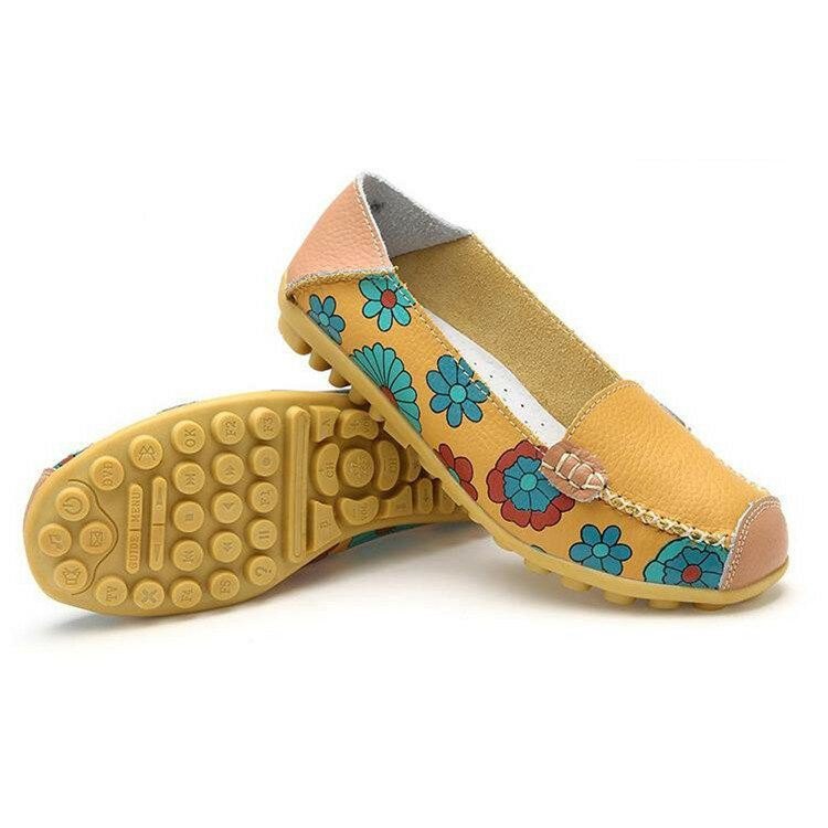 Dame Ekte Skinn Blomstermønster Myk Såle Slip On Casual Flats