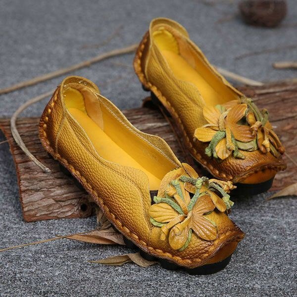 Dame Ekte Skinn Håndlaget Dekorasjonsblomster Vintage Slip On Flats Loafers