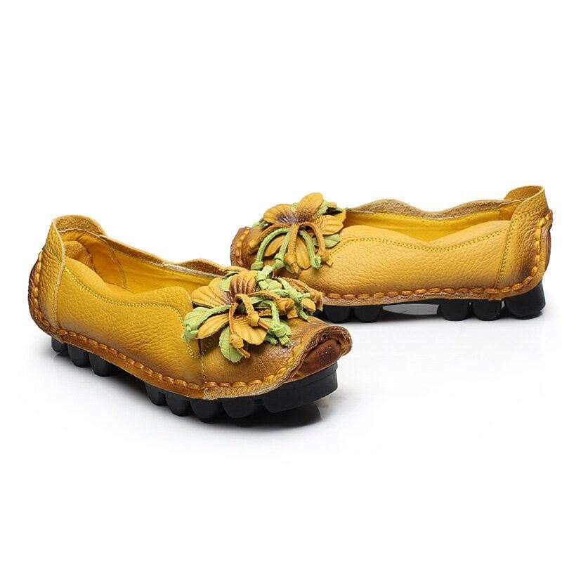 Dame Ekte Skinn Håndlaget Dekorasjonsblomster Vintage Slip On Flats Loafers